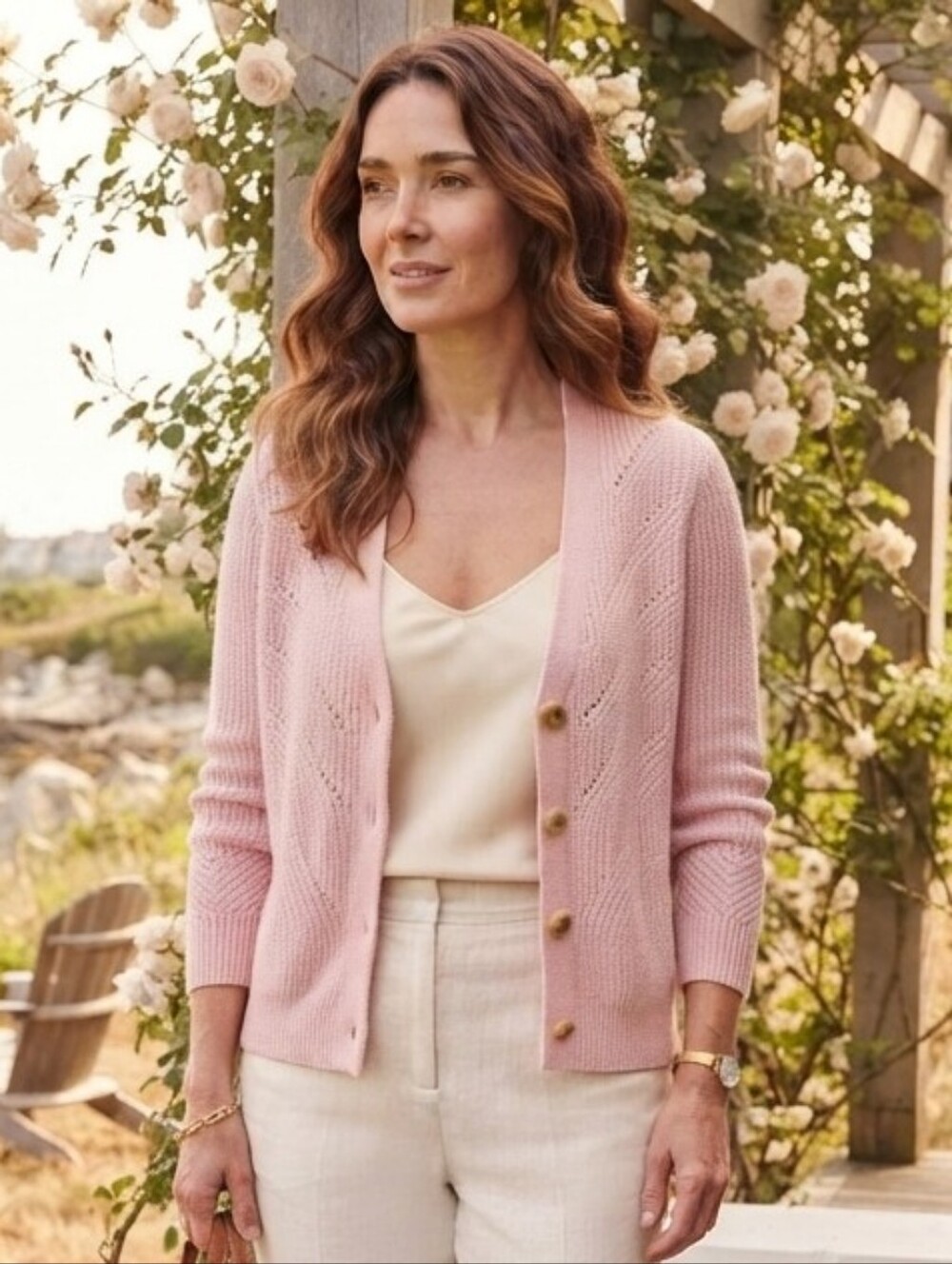 L.L.Bean Soft Pink Chevron Pointelle Knit Cardigan Size S Coastal Cottagecore